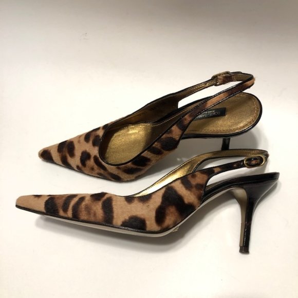 Dolce & Gabbana Sz 38 Vintage Vero Cuoio Leopard Pointed Toe 3” Slingback Pumps - Picture 7 of 16